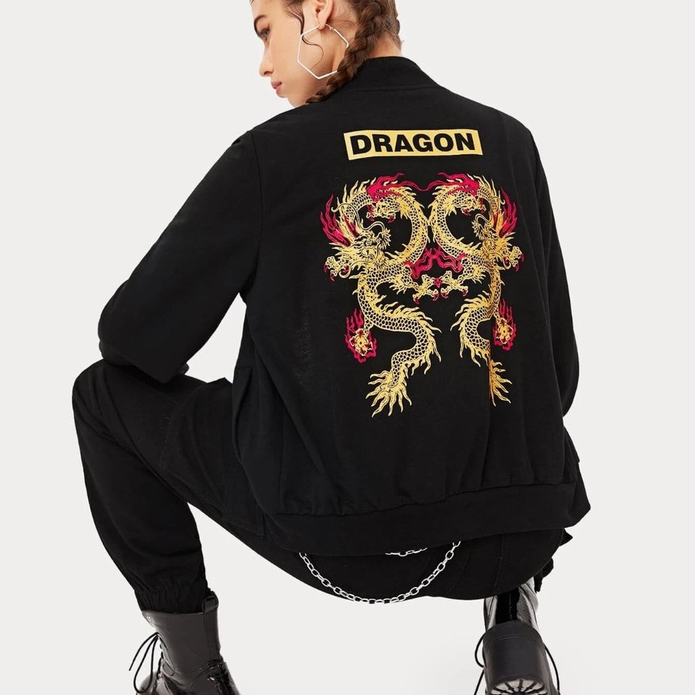 Chinese Dragon & Letter Graphic Bomber Jacket
